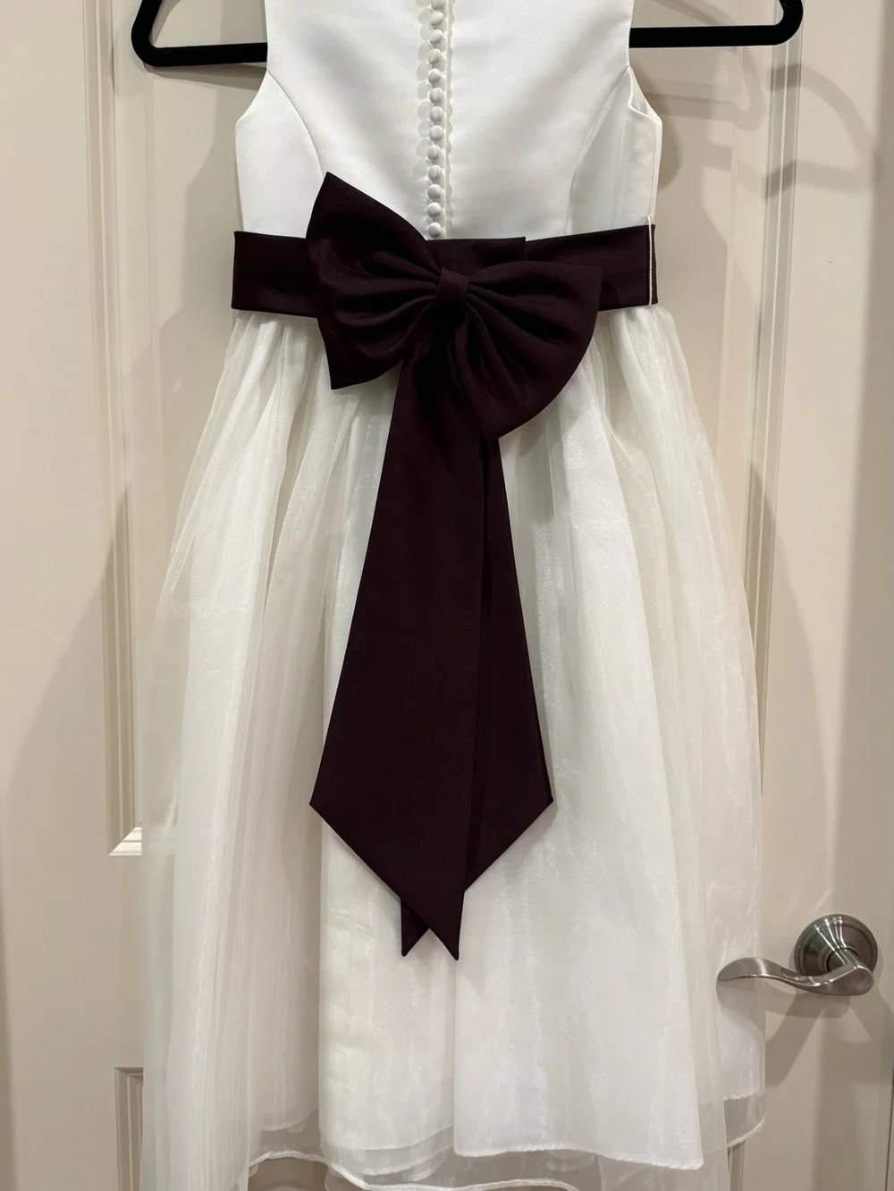 David's Bridal White Satin & Tulle Dress with Chocolate Brown Sash - Picture 2 of 4